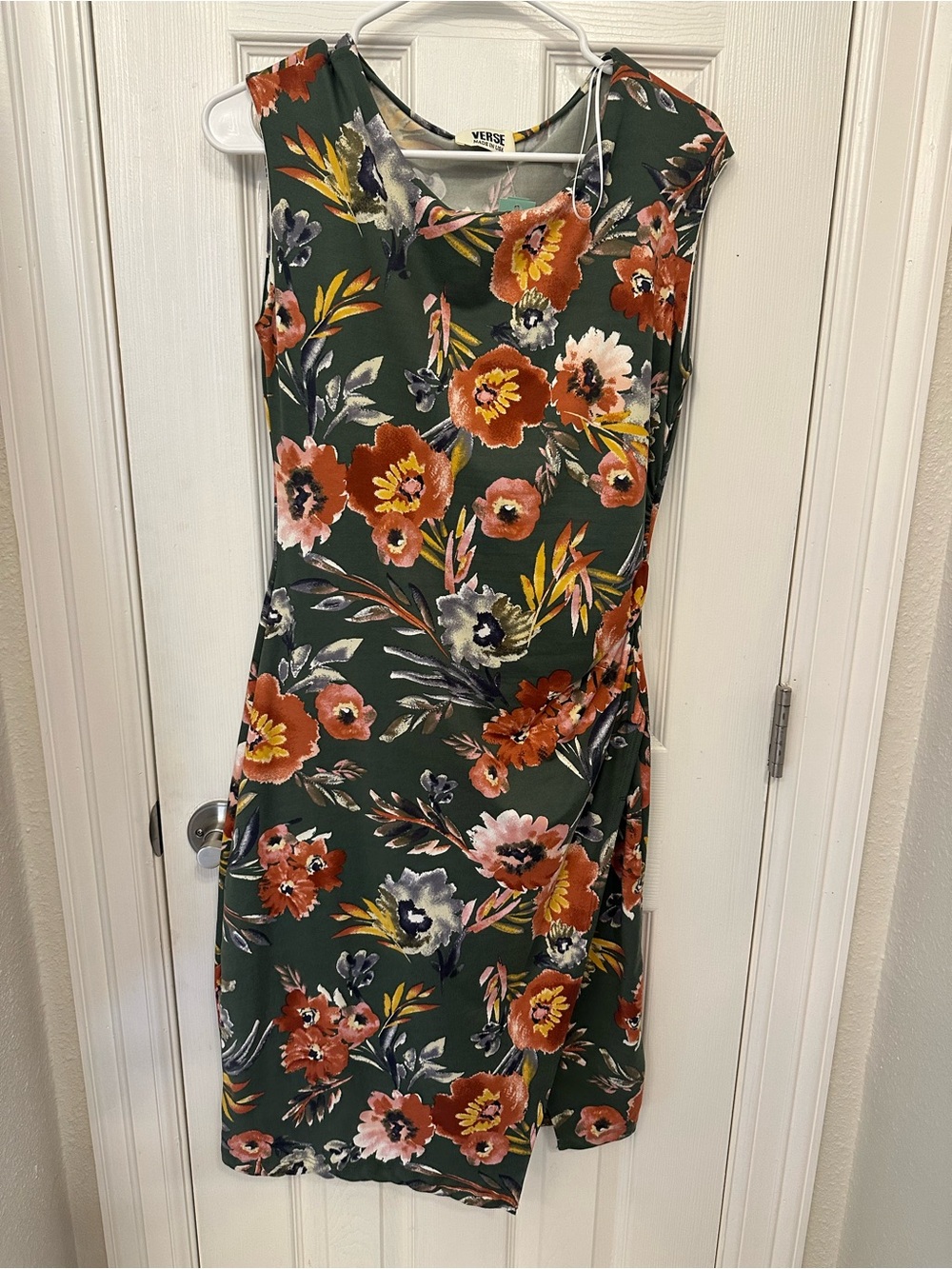 Floral Sleeveless Dress in Dark Green with flattering side slit